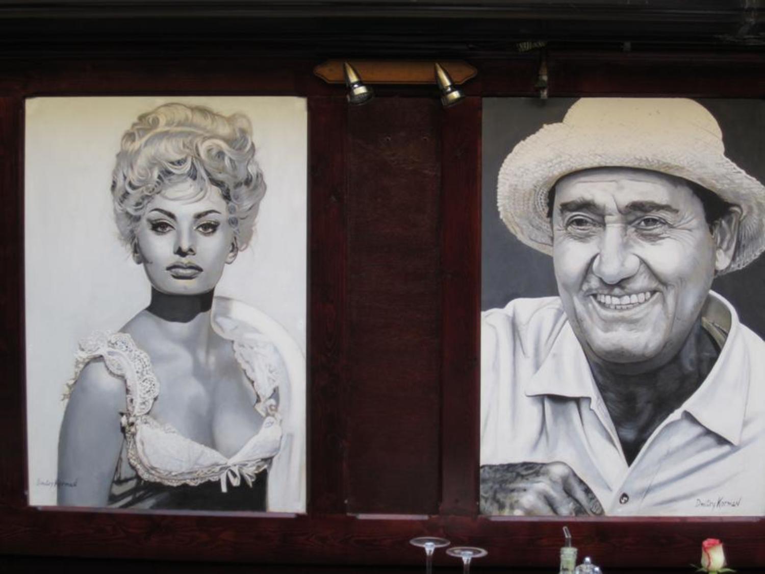 Sophia Loren and Alberto Sordi, murals in the restaurant I Famosi, Antwerp, Belgium