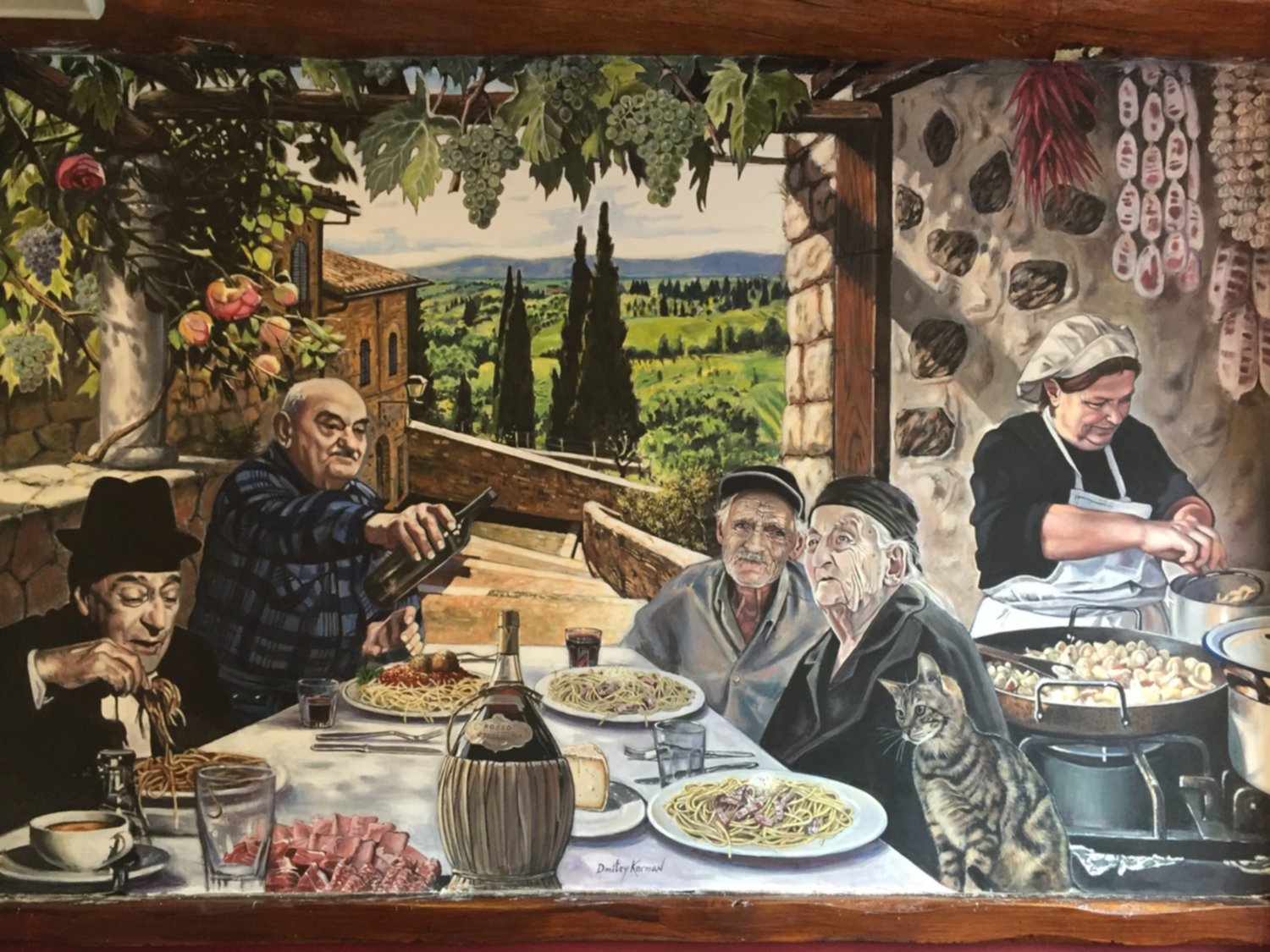 Mural of Tuscany villagers painted in the restaurant Bar Italia, Edinburgh, UK